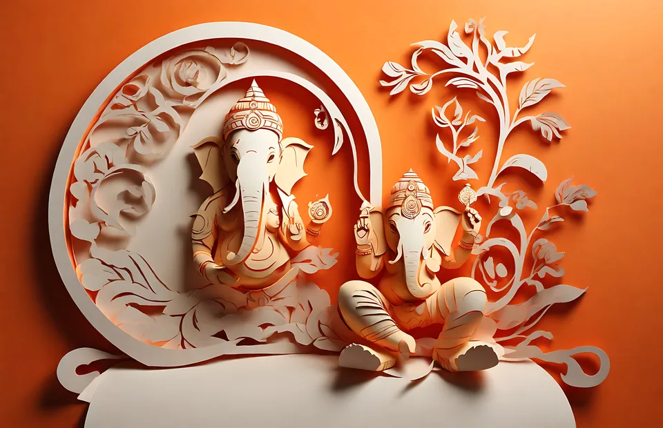 A paper-cut art piece depicting two seated Ganesha figures against an orange background
