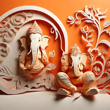 A paper-cut art piece depicting two seated Ganesha figures against an orange background
