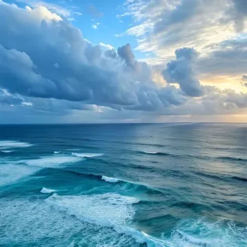 A high-angle view of a vibrant blue ocean with crashing waves and a dramatic sky filled with clouds at sunrise or sunset