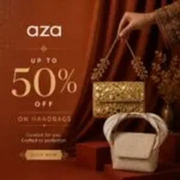 Hand holding gold handbag next to cream bucket bag with discount text on brown background