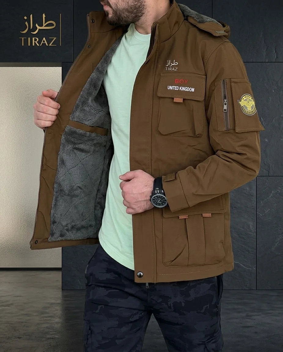 Man wearing brown winter jacket with fleece lining and multiple pockets