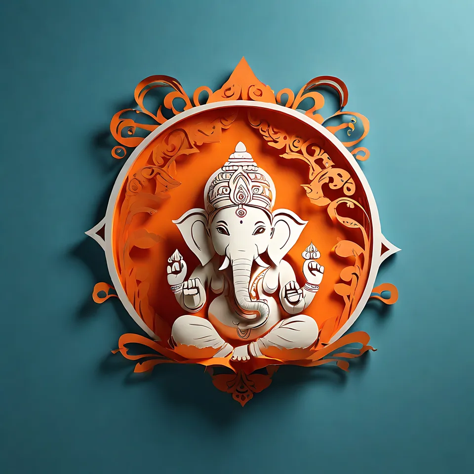A stylized paper-cutout artwork of the Hindu deity Ganesha, depicted with an elephant head and human body, seated in a meditative pose within an ornat