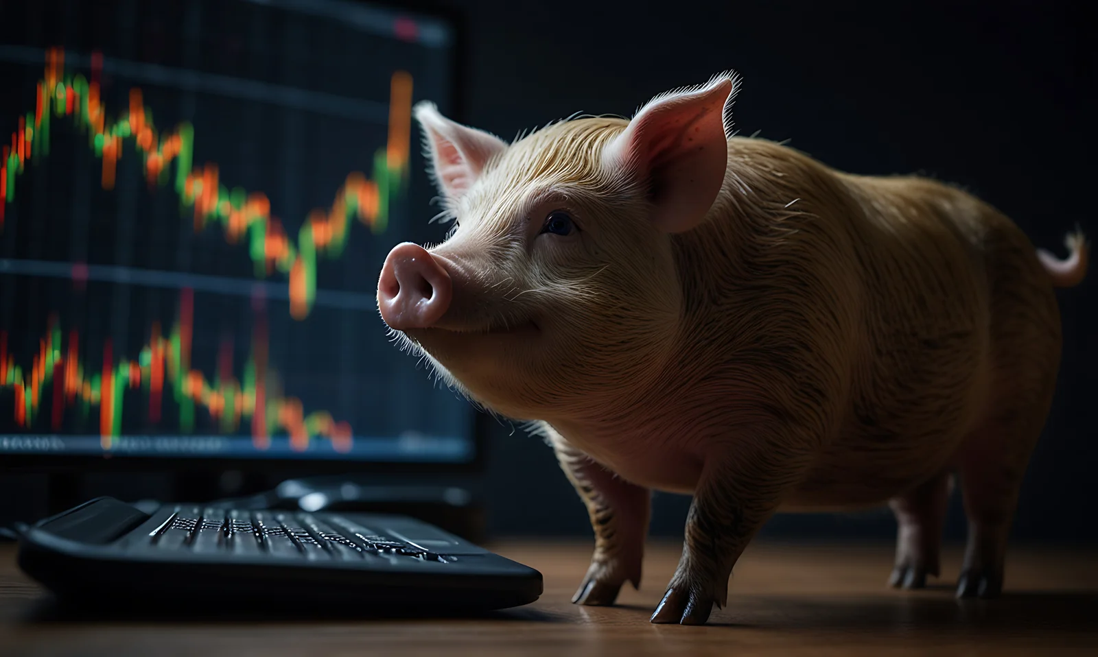A small pig stands on a wooden desk next to a keyboard, looking at a computer monitor displaying a financial stock chart