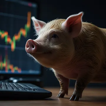 A small pig stands on a wooden desk next to a keyboard, looking at a computer monitor displaying a financial stock chart