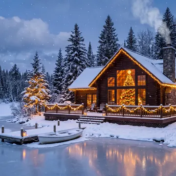 A snow-covered wooden cabin with warm lights and a decorated Christmas tree inside, surrounded by snow-laden pine trees and a frozen lake with a small