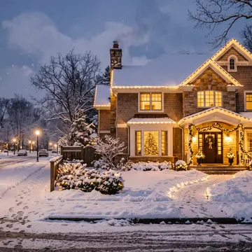 A snow-covered suburban street at dusk, featuring a warmly lit house decorated with Christmas lights and garlands, with snow on the ground and bare tr
