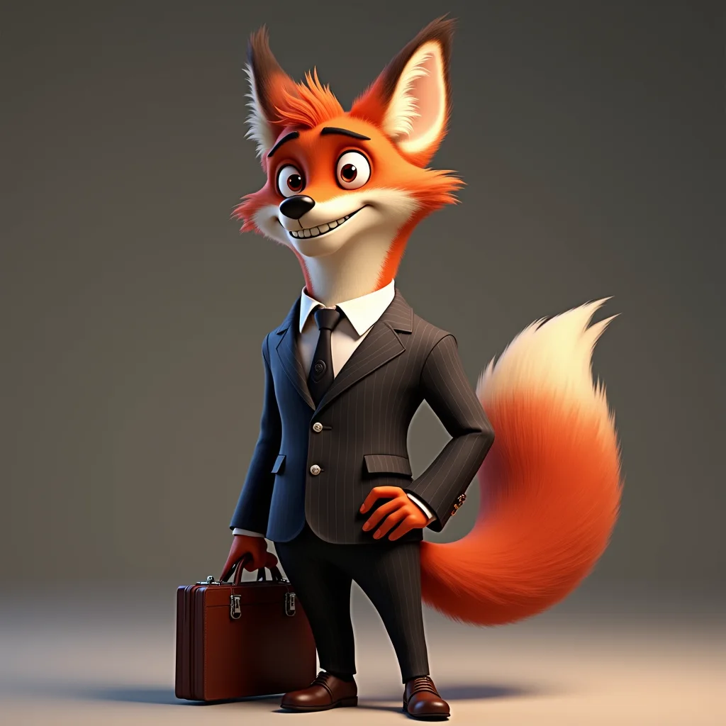 A cartoon fox in a business suit holding a briefcase and smiling confidently