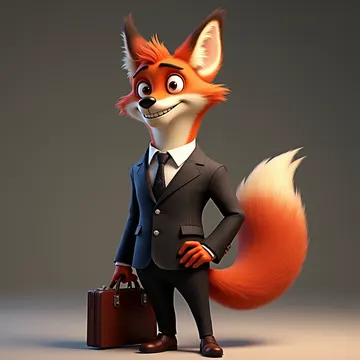 A cartoon fox in a business suit holding a briefcase and smiling confidently