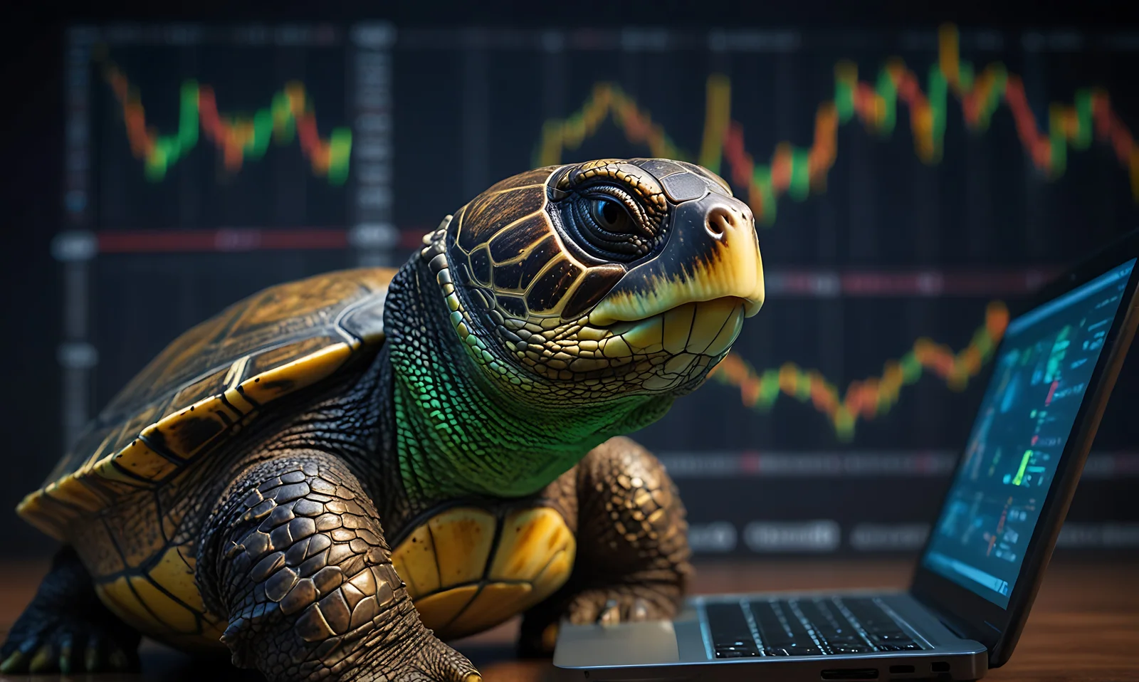 A stylized, digitally rendered turtle sits at a laptop with financial stock charts visible on the screen and in the background