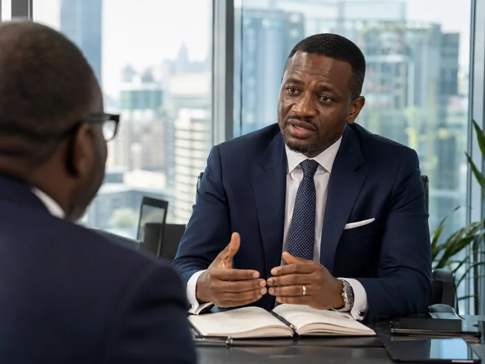 Two men in suits having a business meeting in a modern office with city view