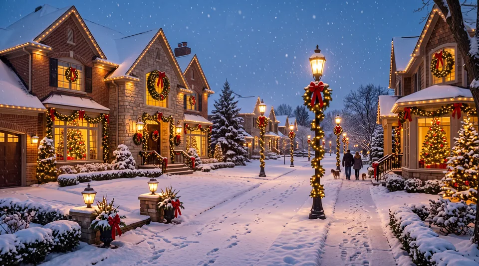 A snow-covered suburban street at night, decorated with Christmas lights and wreaths on houses, with two people walking a dog down the center
