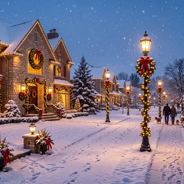 A snow-covered suburban street at night, decorated with Christmas lights and wreaths on houses, with two people walking a dog down the center