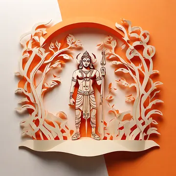 A paper-cutout artwork depicts a stylized deity with horns and a spear, framed by ornate trees against an orange and white background