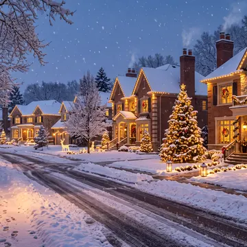 A snow-covered suburban street at dusk, featuring warmly lit houses decorated with Christmas wreaths and lights, with snow falling and illuminated str