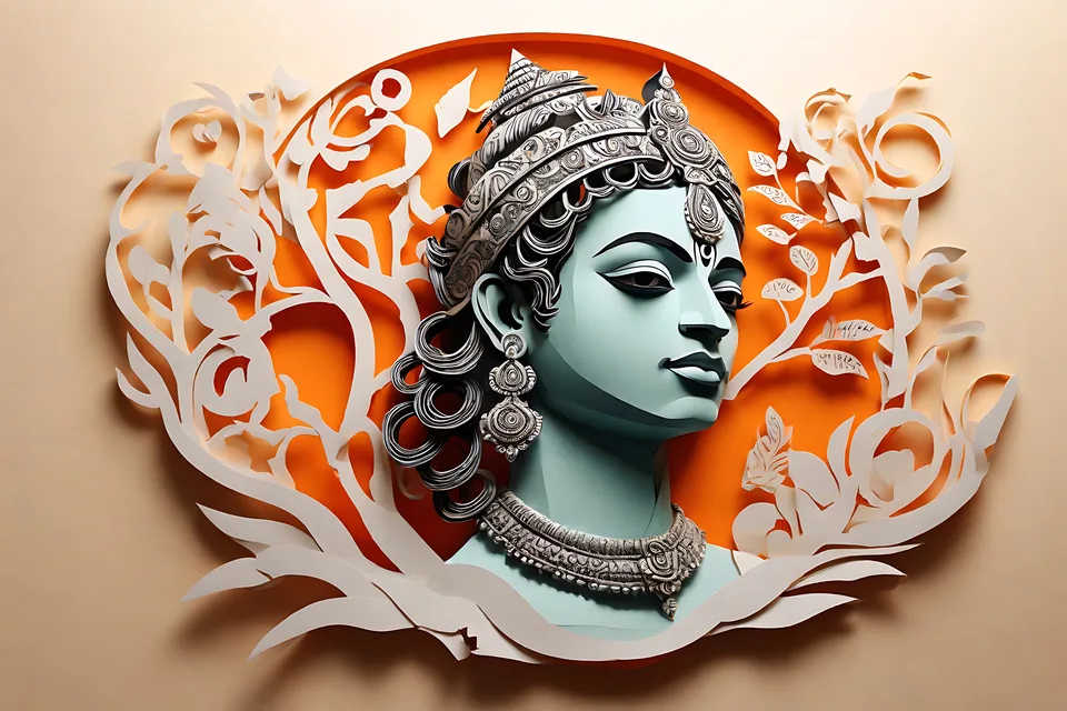 A stylized paper-cutout artwork of a serene, blue-skinned deity with ornate silver jewelry and a crown, framed by white floral patterns against an ora
