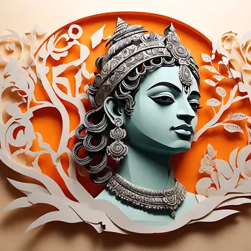 A stylized paper-cutout artwork of a serene, blue-skinned deity with ornate silver jewelry and a crown, framed by white floral patterns against an ora