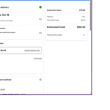 Online shopping checkout screen showing delivery details and estimated total cost