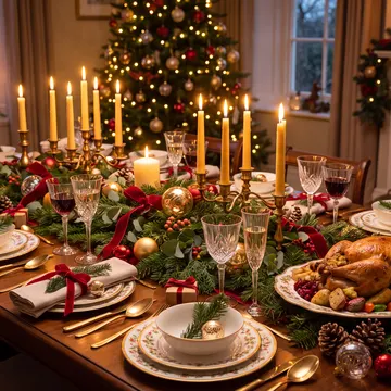 A festively decorated dining table with a roasted turkey, candles, and Christmas ornaments, set in a warmly lit room with a decorated Christmas tree i