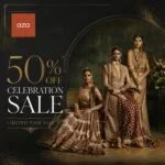 Three women in traditional Indian clothing posing for a luxury fashion sale advertisement