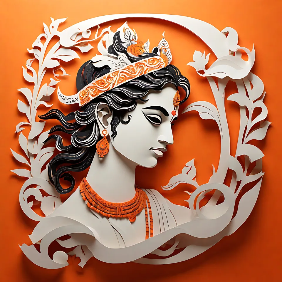A stylized paper-cutout artwork of a woman's profile with ornate headwear and jewelry, framed by decorative foliage against an orange background