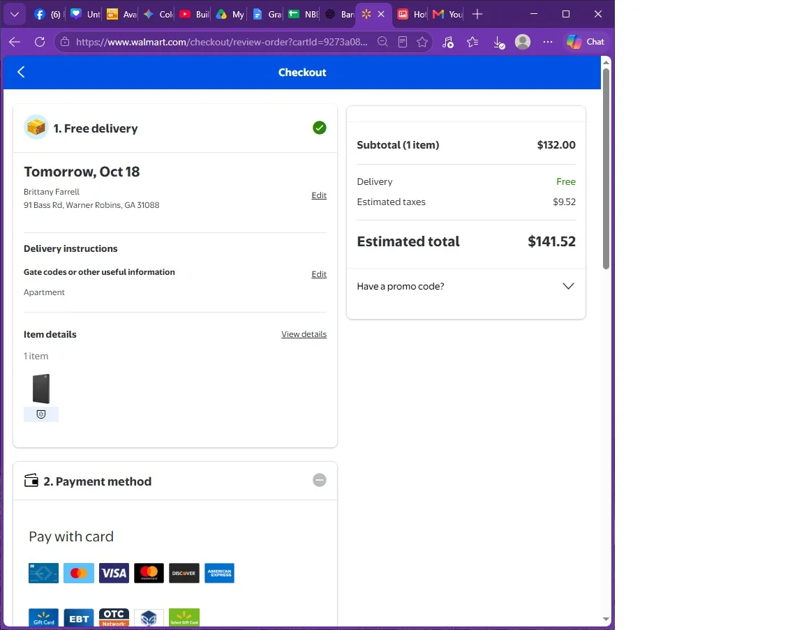 Walmart checkout screen showing item total delivery taxes and payment options
