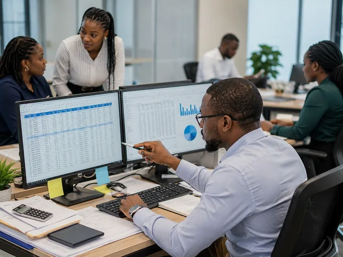 Business professionals analyzing data on computer screens in an office setting
