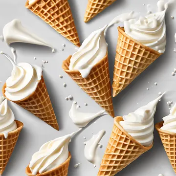 A top-down view of multiple waffle ice cream cones filled with white soft-serve ice cream, with splashes of cream scattered around on a light gray sur