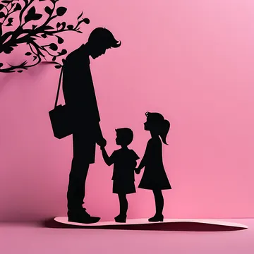 A stylized silhouette of an adult and two children holding hands against a pink background, with a tree silhouette on the left