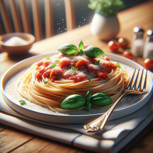 DALL·E 2024 01 17 23.30.56 A photo realistic image of a plate of spaghetti with marinara sauce, garn