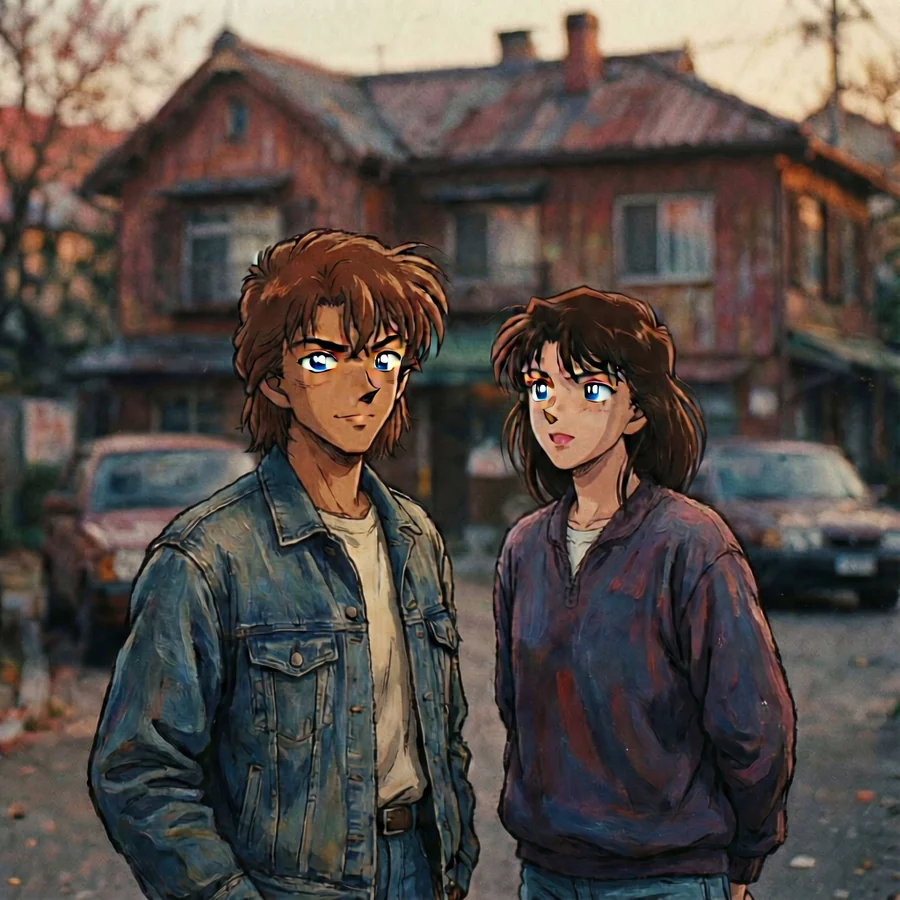 The same two friends painted as a 1990s anime cel with muted film colour