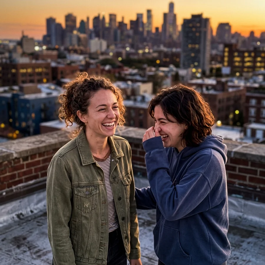 Photograph of two friends laughing on a rooftop at sunset
