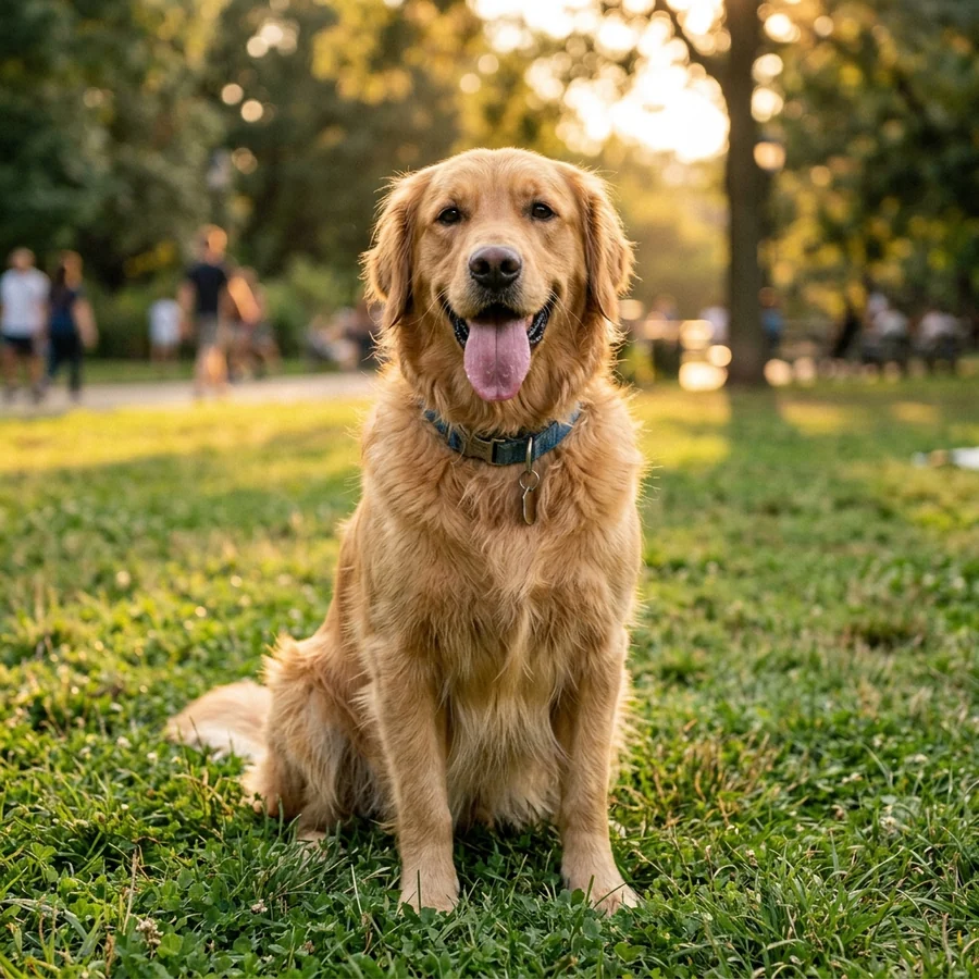 Photograph of a golden retriever sitting on grass at golden hour