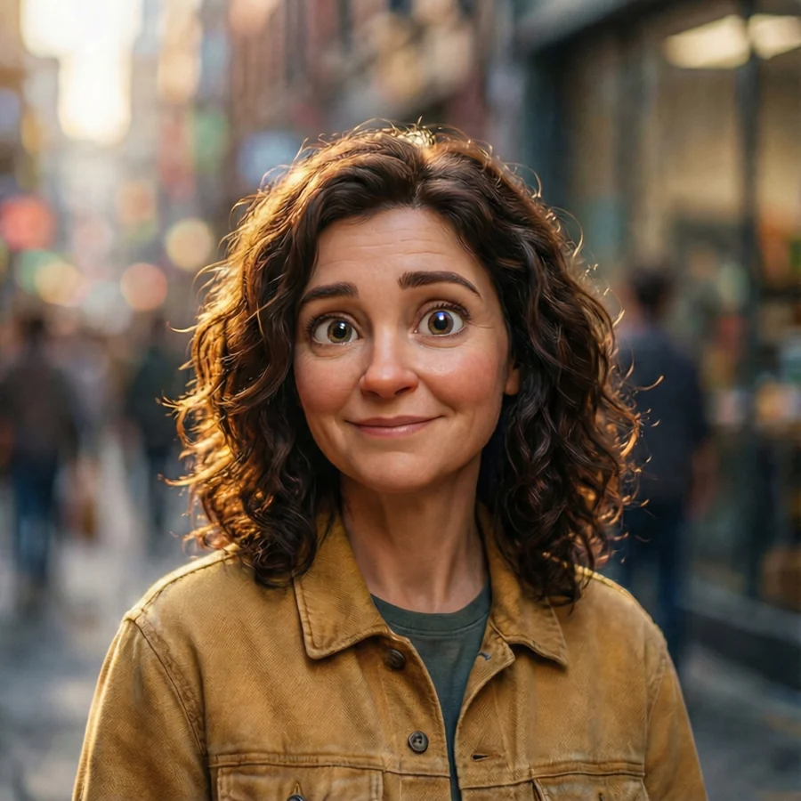 The same photograph rendered as a glossy 3D animated movie character