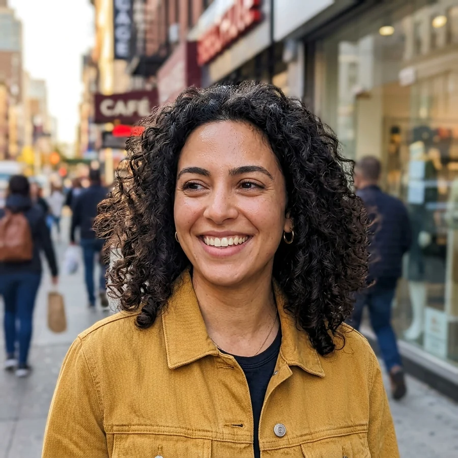 Photograph of a smiling woman on a city street