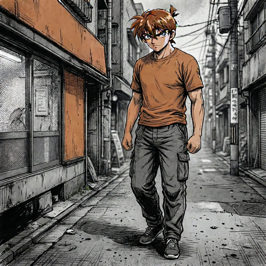 The same street drawn as a black and white manga panel with screentone shading