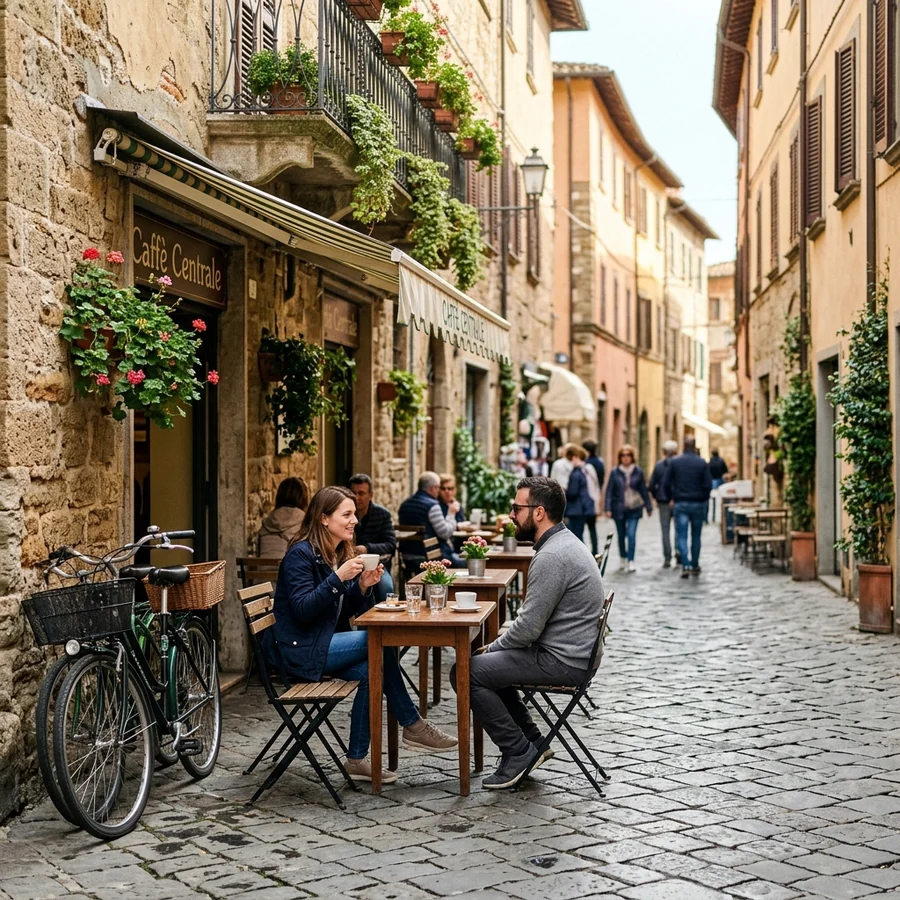 Photograph of a quiet cobblestone street with cafe tables and bicycles